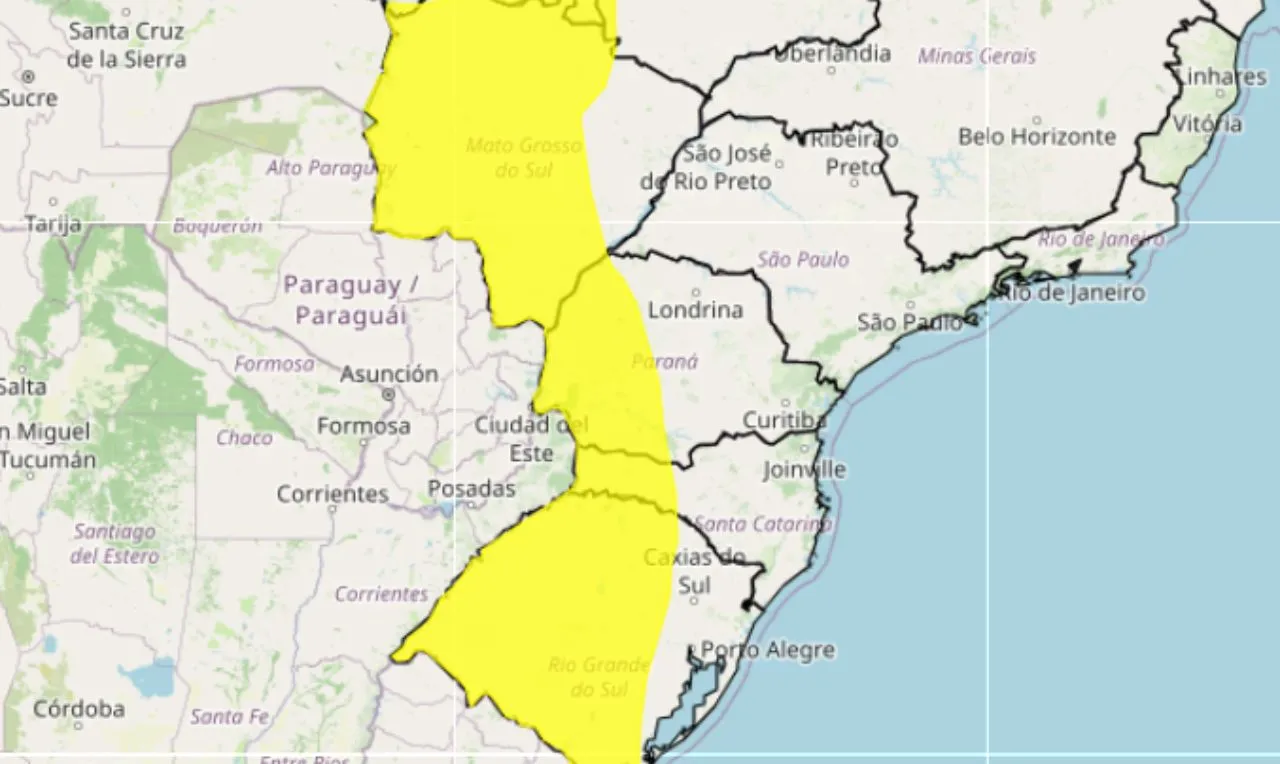 o mapa mostra as &aacute;reas em alerta para chuva intensa e ventos em &aacute;reas do Sul, Sudeste e Centro-Oeste